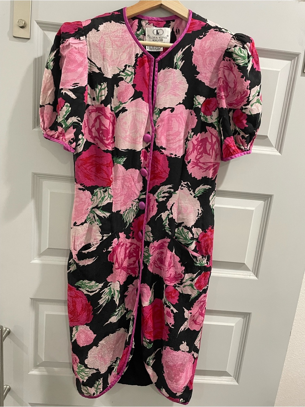 Vintage 80s Flora Kung Pure Silk Jacquard Floral Dress Sz 8  Puff Sleeve
